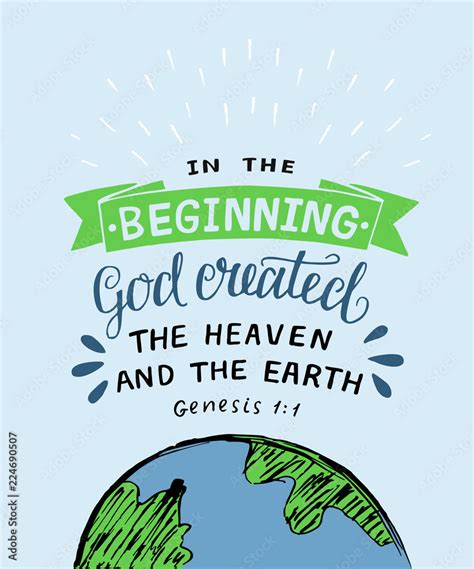 Hand lettering with bible verse In the beginning God created the heaven and earth. Genesis 素材庫向量 ...