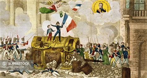 Barricade during 1830 French Revolution, Allegorical illustration on Louis Phillipe - SuperStock