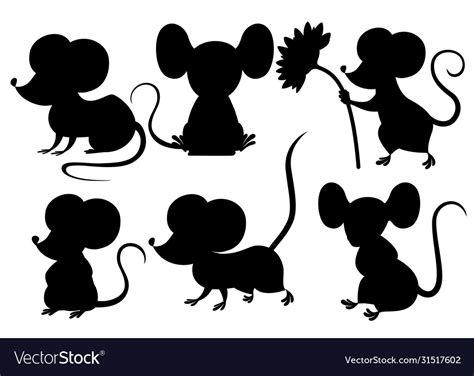 Black silhouette cute cartoon mouse set funny Vector Image