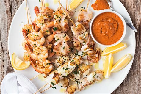 BBQ seafood skewers with romesco sauce