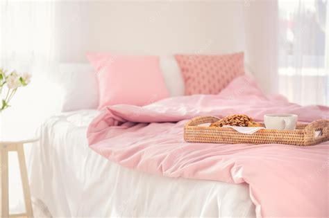 Premium Photo | Tray with tasty breakfast on bed