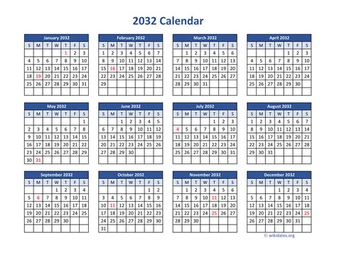 2032 Calendar in PDF | WikiDates.org