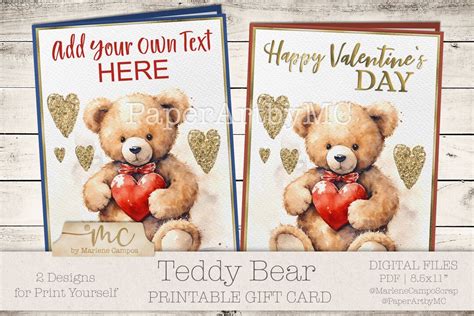 PRINTABLE Valentine Gift Card Valentine Bear With Heart 2 Designs ...