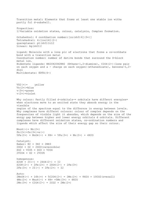 .Transition Metals - Lecture notes 1 - Transition metal: Elements that ...