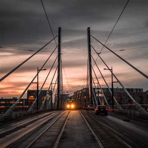 Wallpaper railroad, sunset, train, bridge desktop wallpaper, hd image, picture, background ...