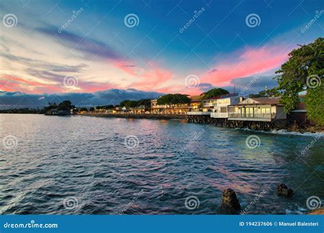 Lahaina Harbor at Sunset with View of the Ocean Side of Front Street Shops. Stock Photo - Image ...