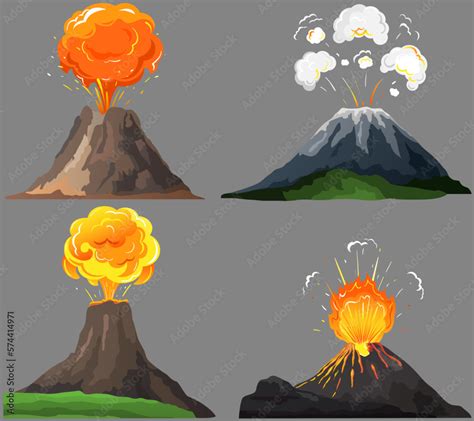 Vetor de Volcanic eruption stages set. Steaming volcano, hot burning magma approach, splash and ...