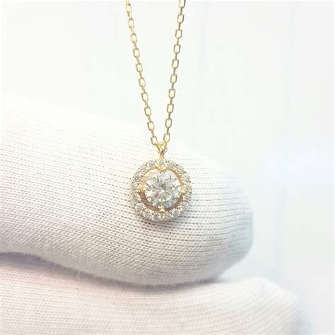 14K Real Solid Gold Round Halo Solitaire Pendant Necklace for Women ...