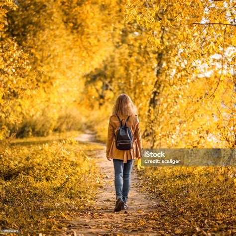 Adult Girl Walking Away Alone On Path In Autumn Forest Lonely Young ...