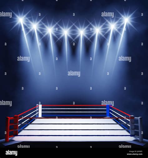 Boxing ring lit by floodlights , Fight night event , Boxing arena Stock ...