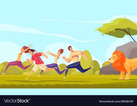 People running away from lion Royalty Free Vector Image