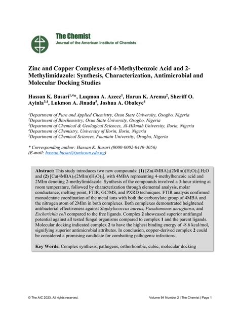 (PDF) Zinc and Copper Complexes of 4-Methylbenzoic Acid and 2 ...