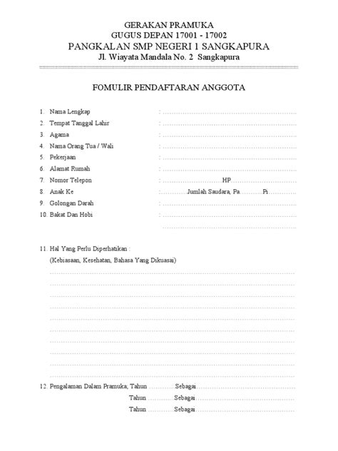 Contoh Formulir Pendaftaran Ekstrakurikuler Pramuka - IMAGESEE