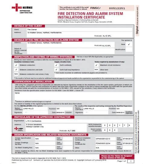 the fire protection alarm system installation certificate