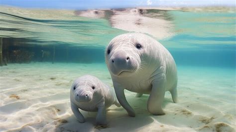 Premium AI Image | Mother Dugong Teaching Baby Dugong to Swim