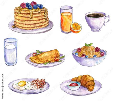 watercolor drawing breakfast Stock Illustration | Adobe Stock