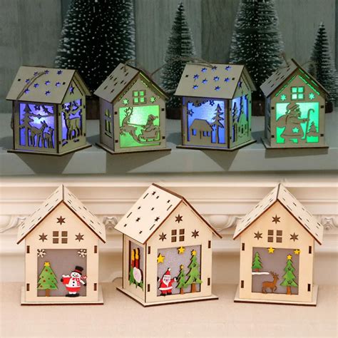 2018 Christmas Ornaments Wooden Cabin Glowing Luminous Xmas Snow House ...