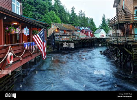 Buildings on pilings above Ketchikan Creek, historic Creek Street ...