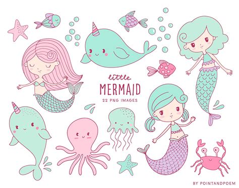 Mermaid Clipart. Cute Mermaids and Sea Creatures Hand Drawn - Etsy