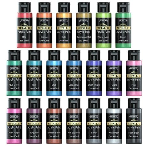 Metallic Acrylic Paint Set, Shuttle Art 20 Colors Metallic Paint in Bottles (60ml, 2oz) with 3 ...