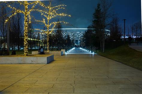 Night Winter Park with Hiking Trails Illuminated by Bright Spotlights ...