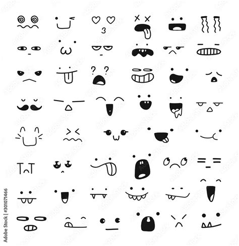 Collection of cute emoticon emoji. Doodle cartoon face, smile, happy ...