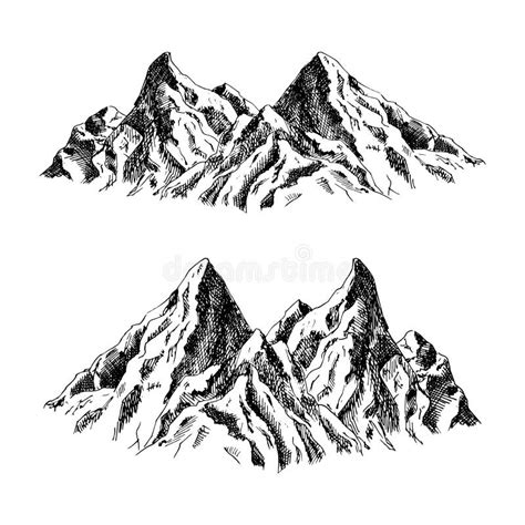 Mountain and Landscape Black on White Background. Hand Drawn Rocky ...