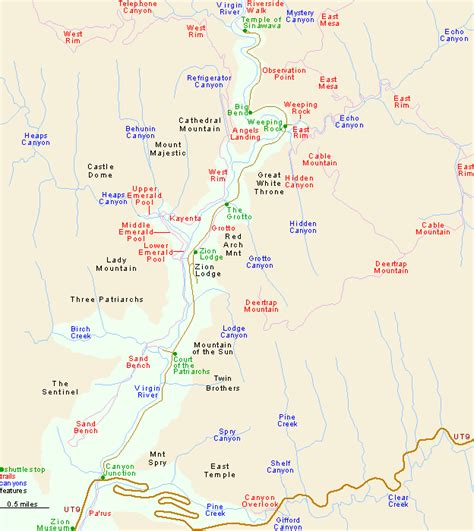 Map of Zion Canyon, Zion National Park, Springdale, Utah