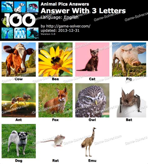 Animal Pics Answers - Game Solver