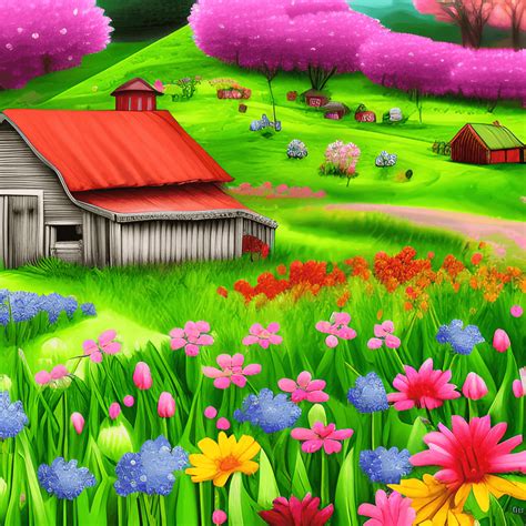 Spring Farm Landscape Graphic · Creative Fabrica