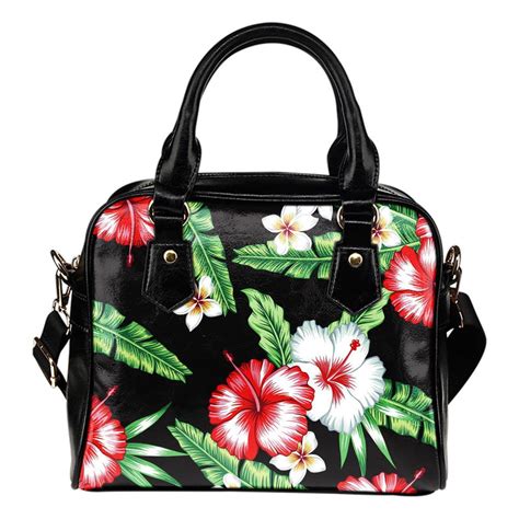 Red Hibiscus Hawaiian Flower Leather Shoulder Handbag - JorJune