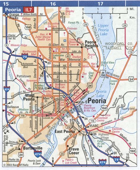 Peoria IL road map, highway Peoria IL city and surrounding area