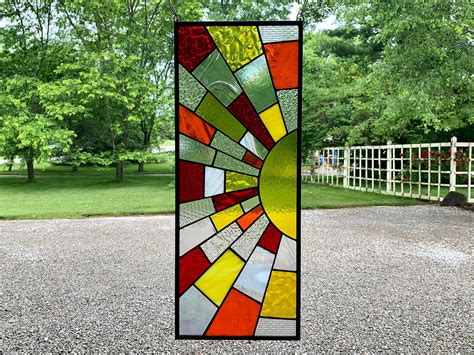 Stained Glass Sunset Panel, 10.5"x26.5" , Red, Orange, Yellow, White, Vertical, Transom, Window ...