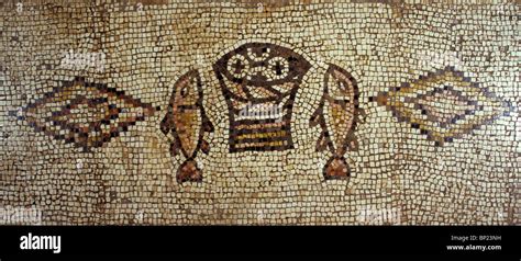 TABGHA ON THE SEA OF GALILEE BYZANTINE MOSAIC DEPICTING FISHES & LOAVES OF BREAD SYMBOLIZING THE ...