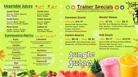 Menu of Jungle Juice's Smoothies, Juice, Acai Bowls and More