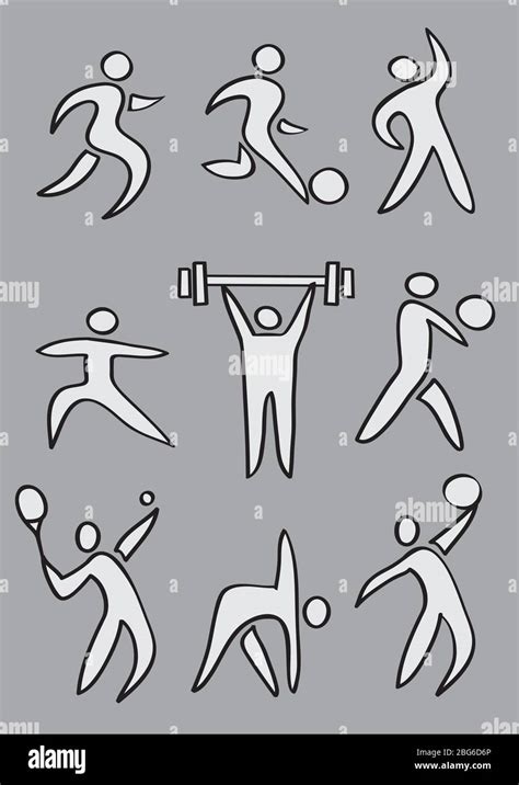 Collection of simple vector illustration of sports icons in cartoon style isolated on grey ...