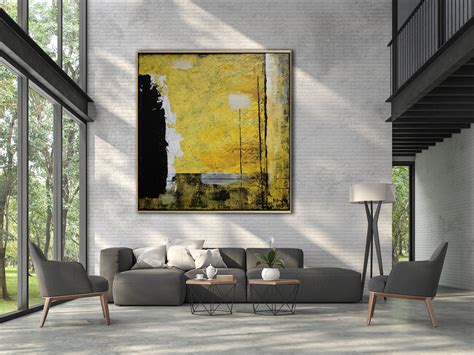 Minimalist Abstract Painting Black Yellow Abstract Large Canvas Art Oversized Painting ...