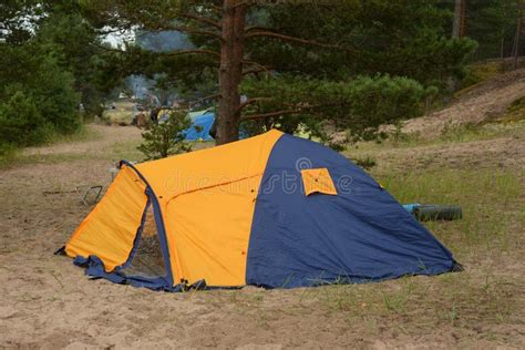 Camping tents in forest. stock photo. Image of russian - 193251220