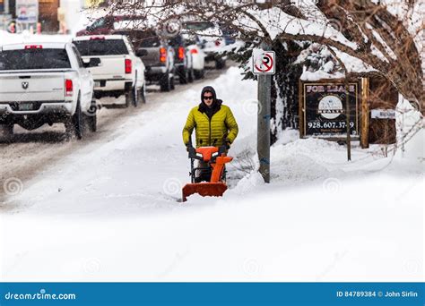 Man with a Snow Blower Clearing Sidewalk Editorial Stock Image - Image of removal, flagstaff ...