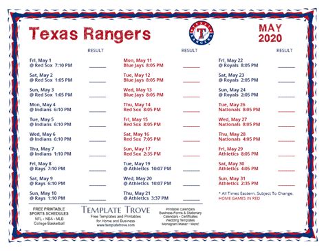 Printable 2020 Texas Rangers Schedule