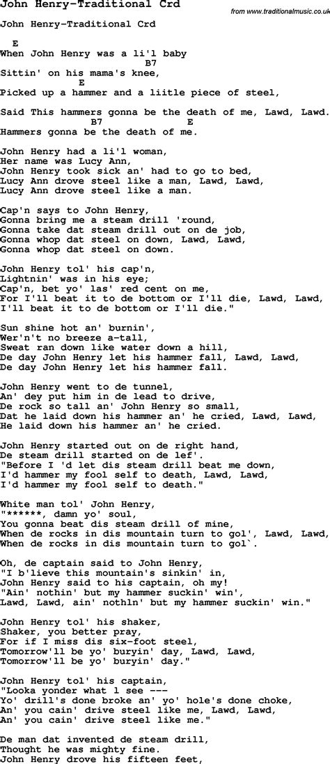 Skiffle Lyrics for: John Henry-Traditional with chords for Mandolin, Ukulele, Guitar, Banjo etc.