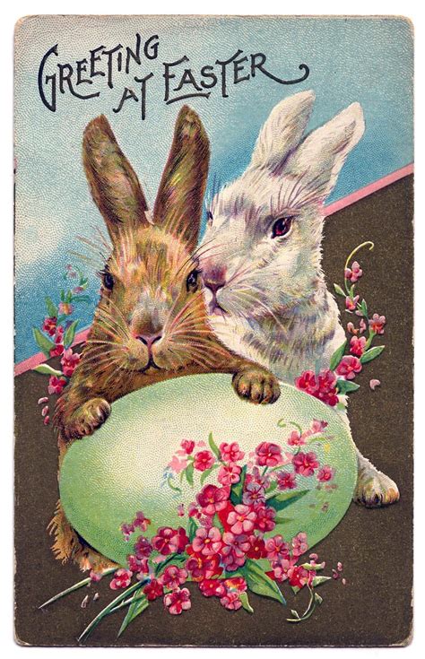 Easter Graphic - Bunnies with Egg and Flowers | Vintage easter cards, Easter postcards, Vintage ...