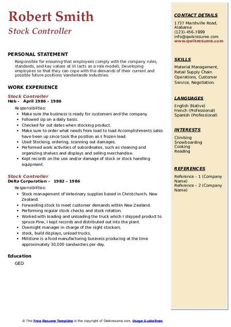 Stock Controller Resume Samples | QwikResume