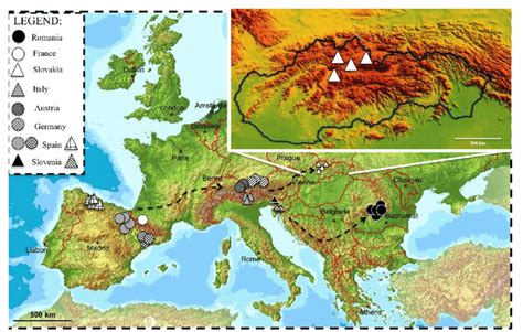 Map of collection sites of Erebia pronoe in European mountain ranges ...