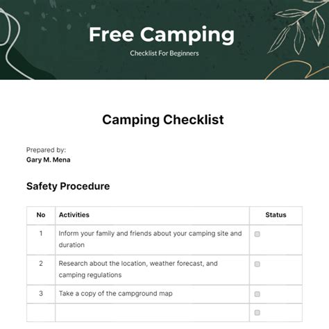 Camping Checklist For Beginners - Edit Online & Download Example