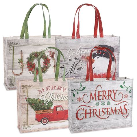 Current Rustic Reusable Christmas Shopping Totes - Set of 8, 16" x 5" 13" Each, Non-woven Fabric ...