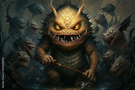 The Jabberwocky, a fearsome dragon-like monster, surrounded by its minions. Wonderland universe ...