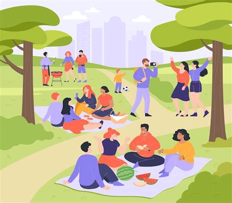 Free Vector | People having picnic in public park flat vector ...