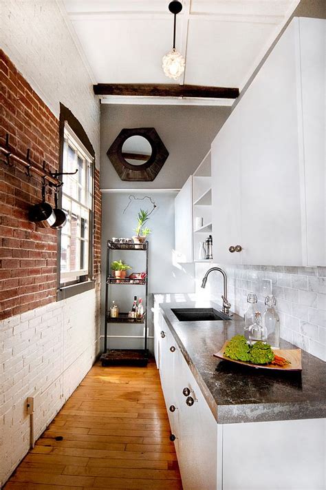 Narrow kitchen with exposed brick wall [Design: Landing Design] - Decoist