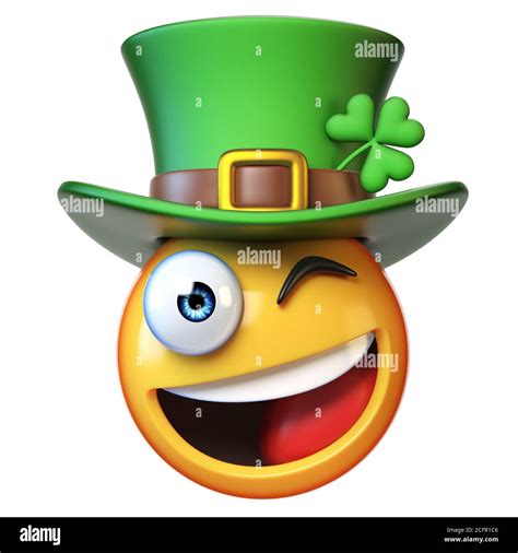 Emoji with green St. Patrick's Day hat with four-leaf clover, Irish emoticon isolated on white ...